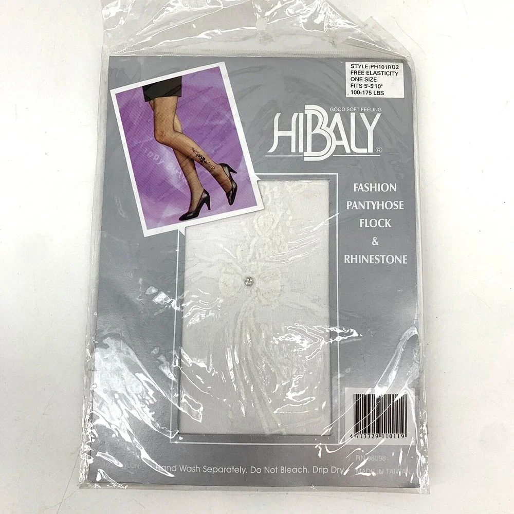 Vintage Hibaly Pantyhose White Flocked Bow & Rhinestone One Size 100-175lb Pinup
